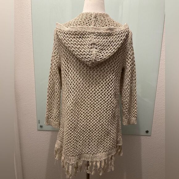 J.Jill‎ Crochet Open Knit Beachy Cardigan Cover Up Fringe Hooded Beige Sz XS - Picture 3 of 6